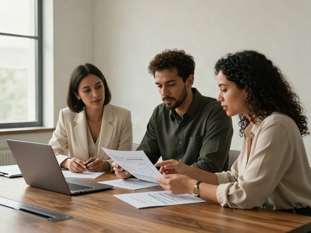 Consultants discussing performance charts during a collaborative business review